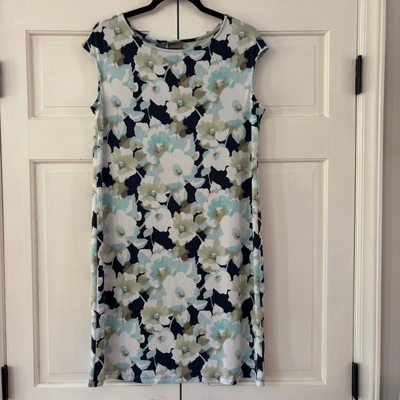 Chico’s Size 1 Floral Print Women's Dress Blue Shift Midi Chicos Size Medium - Picture 1 of 11